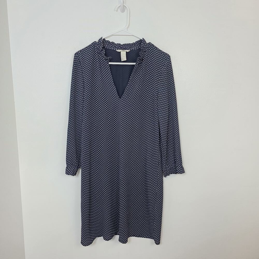 H&M Navy White Polka Dot Girly Dainty Cute Long Sleeve Shift Mini Dress Size 6